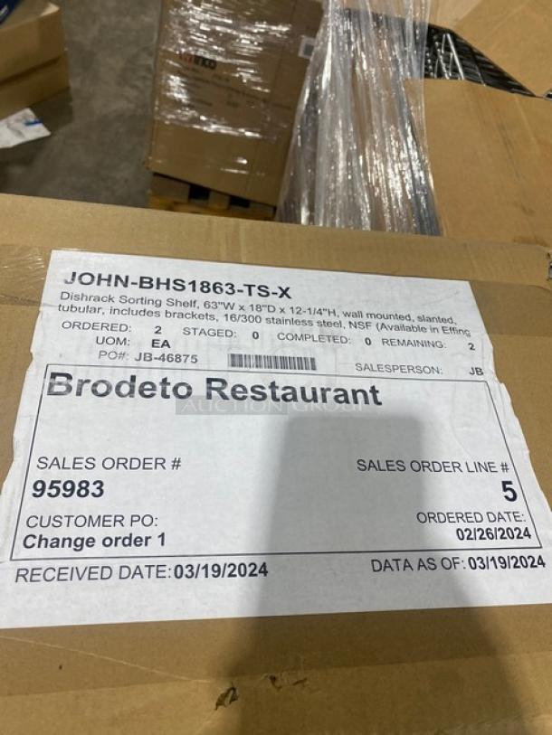 John Boos stainless steel 63"x18" wall-mount dishrack sorting shelf, model BHS1863-TS, new with support brackets, labeled.