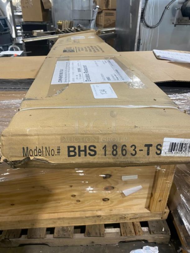 Brand new John Boos stainless steel 63" x 18" wall-mount dishrack sorting shelf in box, model BHS1863-TS, with support brackets.