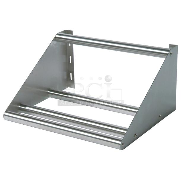 Brand new John Boos 63"x18" stainless steel wall-mount dishrack shelf, model BHS1863TS, with support brackets.