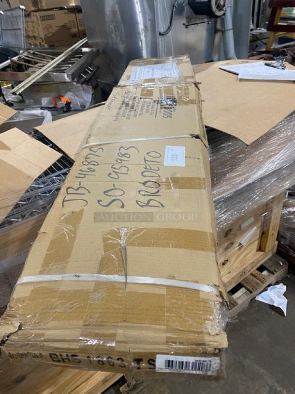 Brand new John Boos stainless steel 63"x18" dishrack sorting shelf in original packaging, model BHS1863TS, with support brackets.