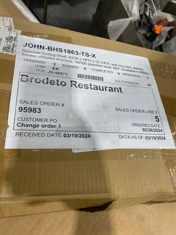 BRAND NEW John Boos 63"x18" stainless steel dishrack sorting shelf, model BHS1863-TS, with support brackets.