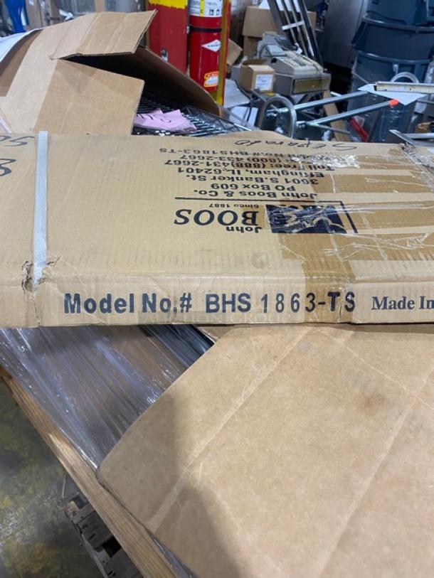 Brand new John Boos 63"x18" stainless steel dishrack sorting shelf, model BHS1863-TS, in original packaging with support brackets.