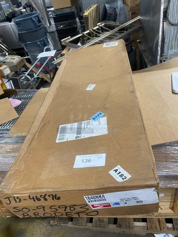 Brand new Metro Super Erecta Series Metroseal wire shelf, model 1848NK4, 48"x18", 800 lb capacity, packed 4 per case.