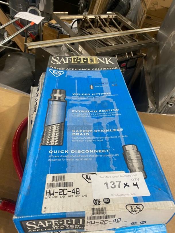 BRAND NEW T&S Safe-T-Link Commercial Water Appliance Connector Hose, 1/2"x48", Model HW-2C-48, with labels.