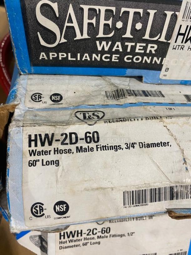T&S Safe-T-Link water hoses, models HW-2D-60 and HWH-2C-60, new in packaging. Includes male fittings, NSF certified.