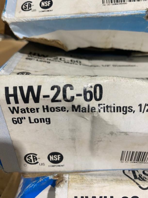 Brand new T&S Safe-T-Link Series HW-2C-60 commercial water hose, 1/2" x 60", male fittings, CSA and NSF certified.