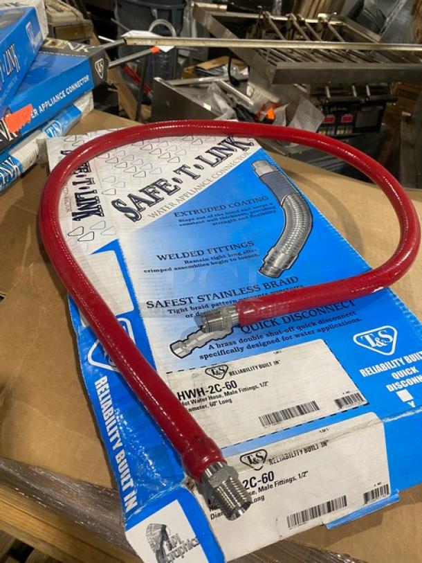 T&S Safe-T-Link Series water appliance connector hose, brand new, Model HW-2C-48, 1/2" x 48", with original packaging.