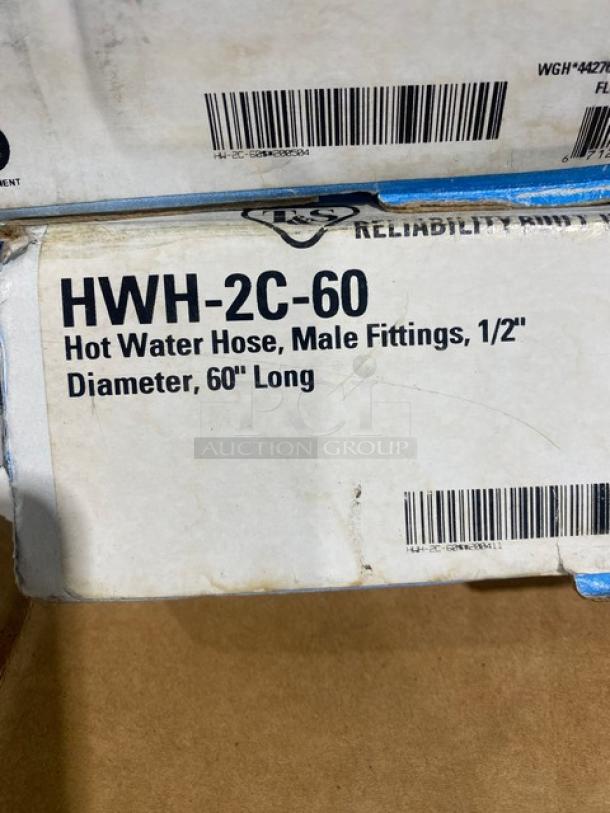 Box of T&S Safe-T-Link HWH-2C-60 hot water hose, 60", 1/2" diameter, male fittings. New condition, barcode visible.