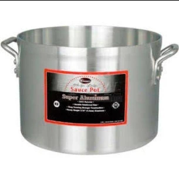 Winco Commercial Super Aluminum 34 Qt Sauce Pot, Model AXAP-34, brand new with dual handles and labeled for heavy-duty use.