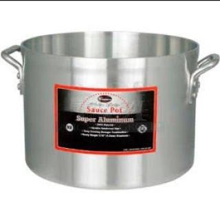 Winco Commercial Super Aluminum 34 Qt Sauce Pot, Model AXAP-34, brand new with dual handles and labeled for heavy-duty use.