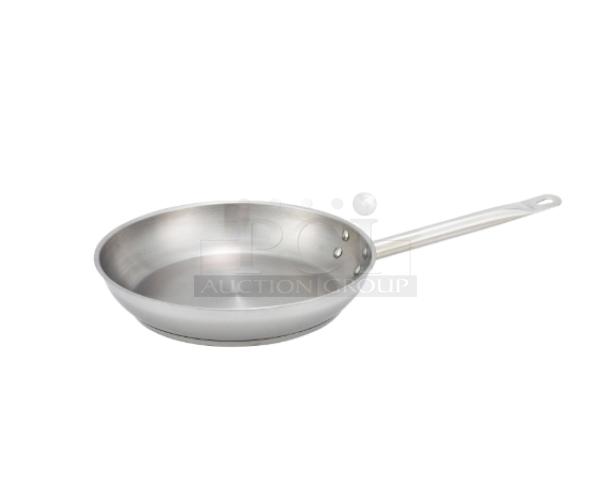 Brand new Winco Commercial 11" Stainless Steel Fry Pan, Model SSFP-11. Durable, high-quality finish, perfect for kitchens.