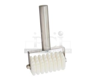 Brand new Winco RD-8 dough roller docker with 8 white wheels, stainless steel handle; ideal for commercial use.