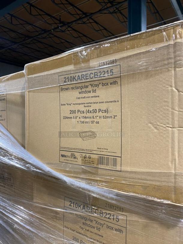 Pack N'Wood Model 210KARECB2215, full pallet, brown Kraft meal trays with window lids, 200 pcs/case, new condition.
