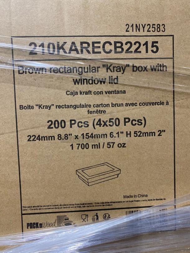 Pack N'Wood Kray food trays with window lids, model 210KARECB2215, 200 pieces per case. New condition.