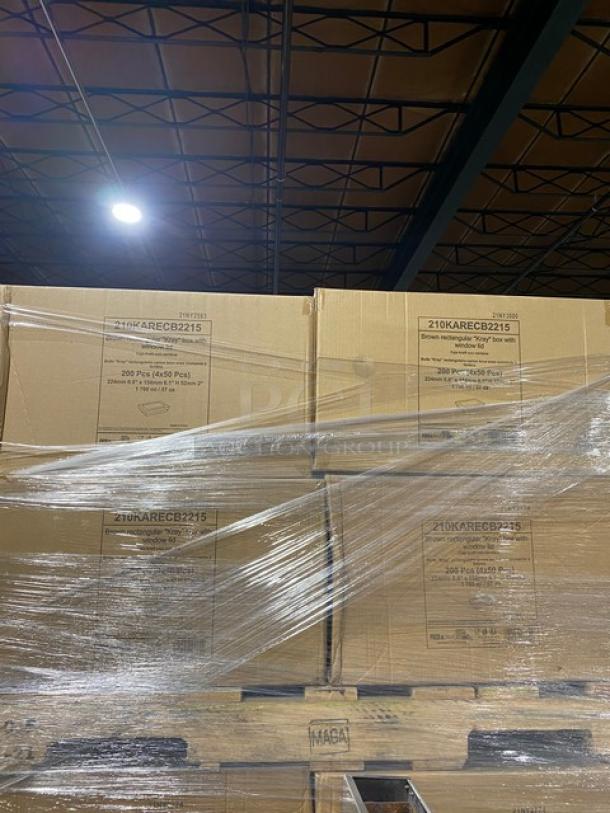Full pallet of Pack N'Wood Model 210KARECB2215 meal trays. Brown kraft with window lids, 200 pieces per case, shrink-wrapped.