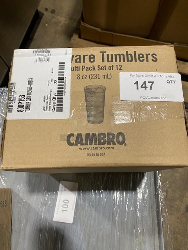 Brand new Cambro Colorware Amber 8 Oz. Tumblers, Model 800P153, 6 sets/72-piece case, in original box.