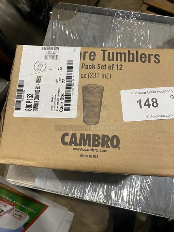 Brand new Cambro Colorware Series Amber 8 oz beverage tumblers, model 800P153, 6 sets (72-piece case). Box displays branding and specs.