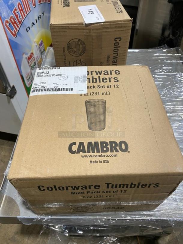 Cambro Colorware amber 8 oz tumblers, model 800P153, sealed case of 72 pieces, brand new, visible packaging details.