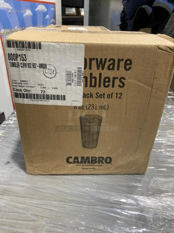 Cambro Colorware Series Amber 8 oz. Beverage Tumblers, 72-piece case, model 800P153, brand new in original packaging.