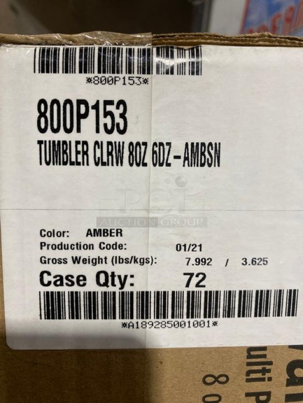 Cambro Colorware Series Amber 8 oz. Beverage Tumblers, Model 800P153, new in box, 72 pieces per case, tags show product details.