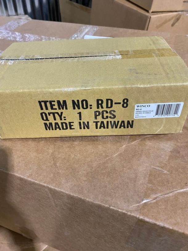 Brand new Winco RD-8 dough roller docker in sealed box. Features 8 stainless steel wheels. Made in Taiwan.
