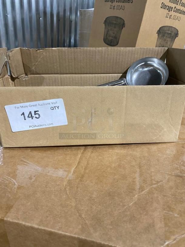 Brand new Vollrath 61172 stainless steel 4 oz. spoodle with black grip handle in cardboard box.