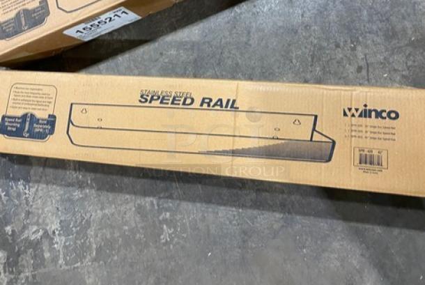 Winco Commercial Stainless Steel 42” Single Bar Speed Rail, Model SPR42S, new in box with packaging details visible.