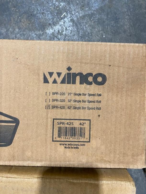 Winco SPR-42S 42" Single Bar Speed Rail, stainless steel, brand new in box with model details, made in India.