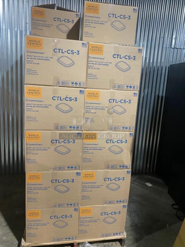 Full pallet of new World Centric CTL-CS-3 compostable fiber box lids, 8.8"x6.8", 400 per case, 22 cases total.