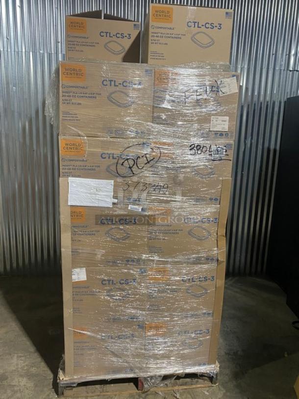 Full pallet of brand new World Centric CTLCS3 compostable fiber box lids, 400 per case, shrink-wrapped with visible labels.