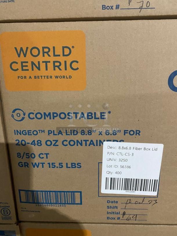 World Centric CTL-CS-3 compostable fiber box lids, 8.8"x6.8", 400 per case, brand new pallet.