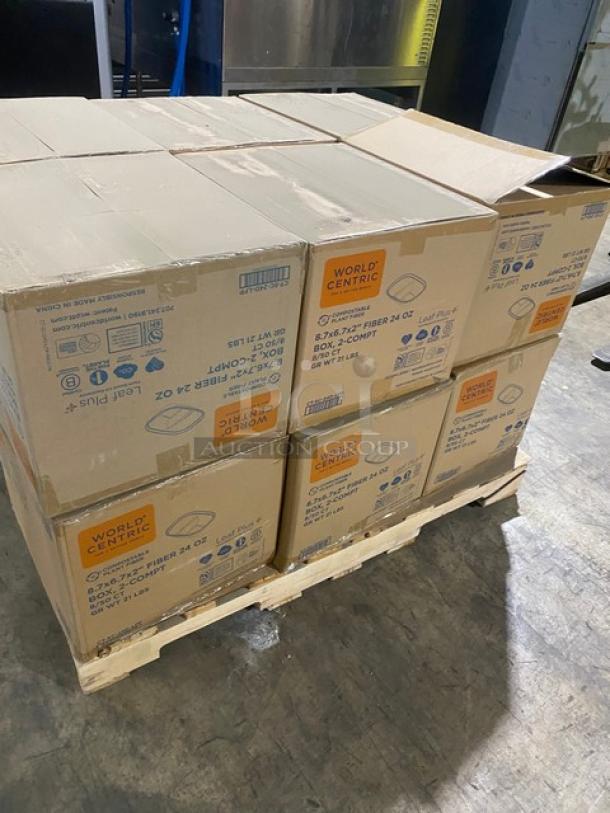 Brand new World Centric Leaf Plus CTSC24DLFP compostable fiber boxes, full pallet, 400 per case, 12X bid.