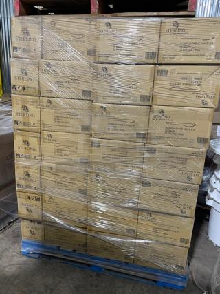 Full pallet of Sterling compostable knives, model MMGP3KN651M, in original packaging. 6.5”, 50 per bag, 20 bags per case.