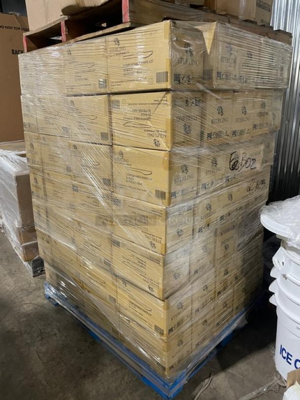 Pallet of Sterling compostable knives, model MM-GP3KN651M, in sealed boxes; 50 knives per bag, 20 bags per case.