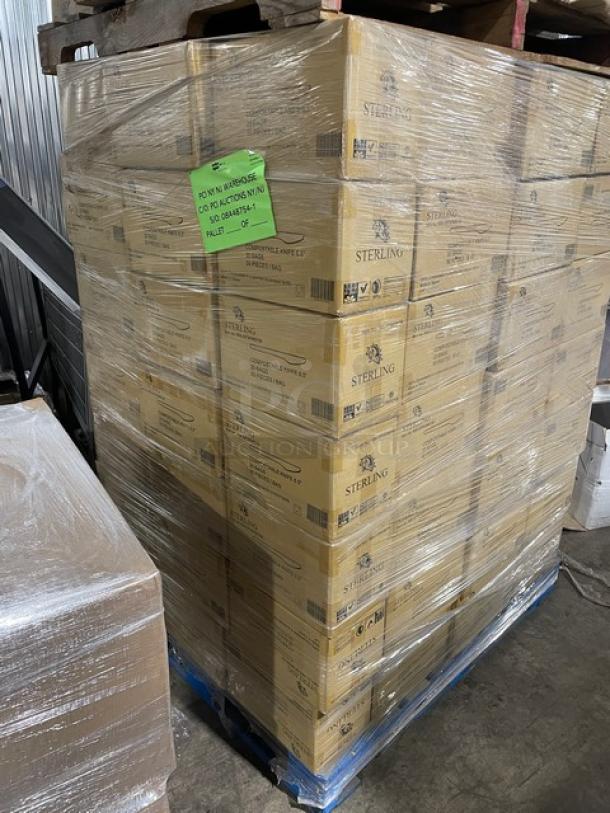 Pallet of Sterling Model MM-GP3KN651M compostable knives, 6.5", new in box, 50 per bag, 20 bags per case.