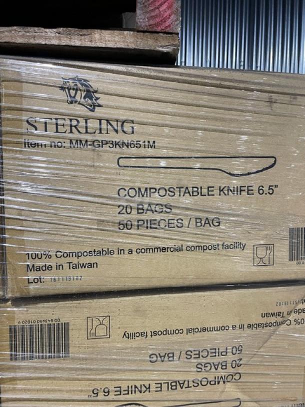 Sterling model MM-GP3KN651M compostable knives, 6.5", 20 bags/case, 50 knives/bag. Brand new pallet.