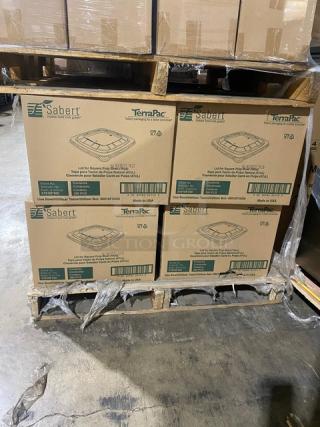 Full pallet of Sabert commercial clear 16 oz. square pulp bowl lids, model 51916F300, 300 per case, brand new condition.