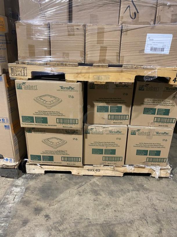 Full pallet of Sabert 51916F300 clear 16 oz. square pulp bowl lids. Brand new, 300 per case, multiple boxes on pallet.
