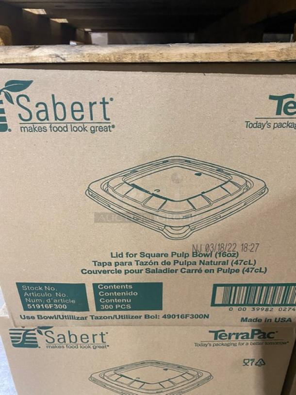 Sabert 16 oz. square pulp bowl lid, model 51916F300, full pallet, 300 lids per case. Brand new in manufacturer box.