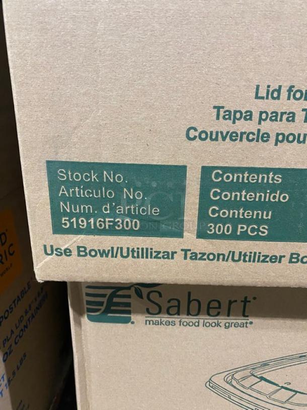 Brand new Sabert 51916F300 16 Oz. square pulp bowl lids, 300 per case, full pallet, labeled "Stock No. 51916F300".