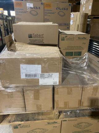 Mixed pallet of Steelite International Earth Black bowls and Sabert lids and snack boxes, new in packaging.
