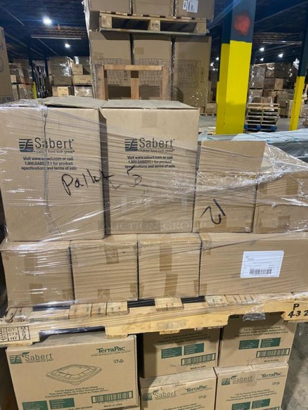 Mixed pallet with Steelite Earth Black bowls, Sabert lids, and snack boxes in new condition, wrapped and labeled.