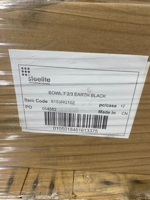 Steelite International box label showing item code 6153RG102, 12-pc Earth Black 7-2/3" round bowls per case, made in China.