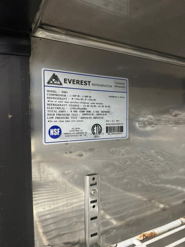 Great Condition - Everest ESR3 74 3/4" Stainless Steel 71 cu. ft Reach-In Refrigerator, 3 Solid Full Doors, Top Mount 115V 1Ph. - Tested & Working - Image 7 of 7