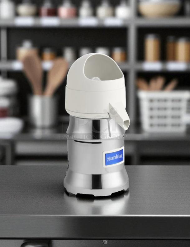 Sunkist 8-R JuiceExtractor, vintage commercial juicer in good condition, silver and white, tested and working.