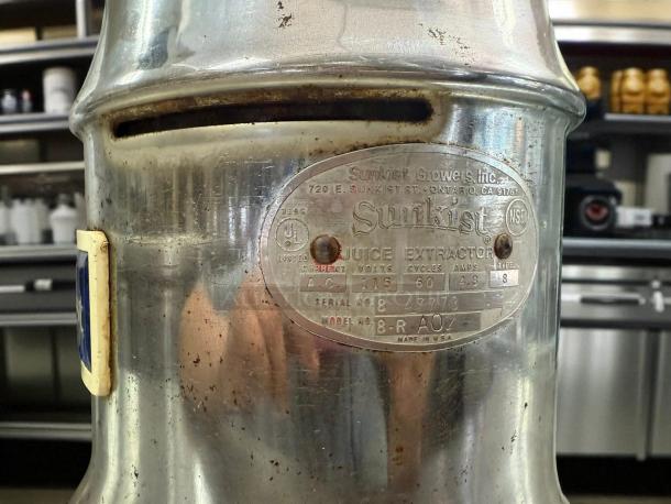 Vintage Sunkist JuiceExtractor 8-R commercial juicer, tested working, good condition. Features metal body with visible model and serial tags.
