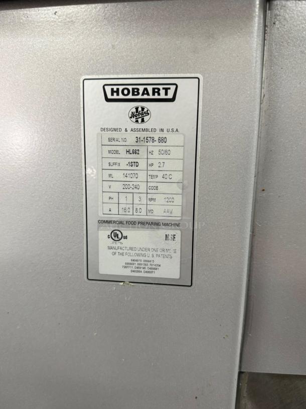 WOW - Hobart HL662-1 Legacy 60-Quart 2-Speed 2.7 HP Commercial Pizza Dough Mixer Without Attachments, 200-240 Volts, 3-phase/1-phase - Tested & Working - Image 6 of 6