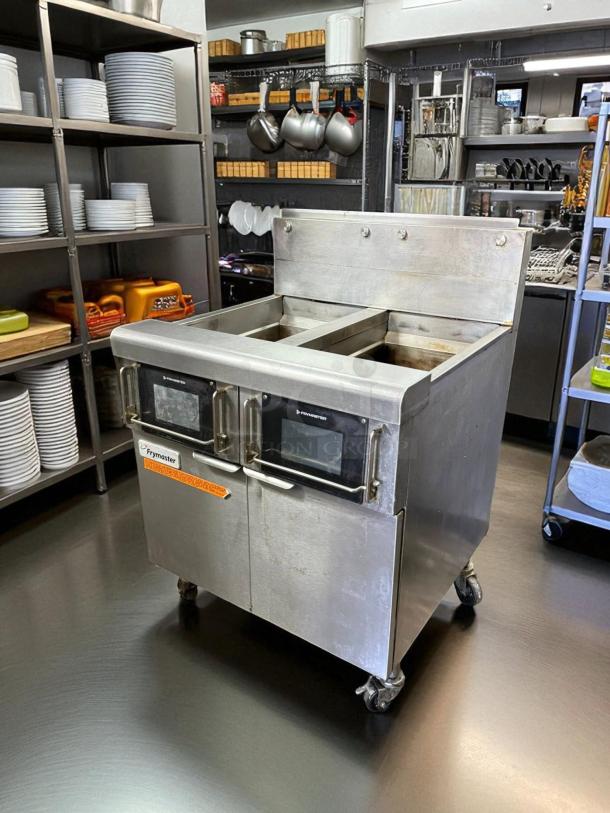 What a find! - Frymaster FilterQuick 2FQE30U Oil-Conserving Electric Floor Fryer with (2) 30 lb. Full Frypots, Automatic Filtration, and Auto Top-Off - 208V, 3 Phase - Tested & Working - Image 4 of 6