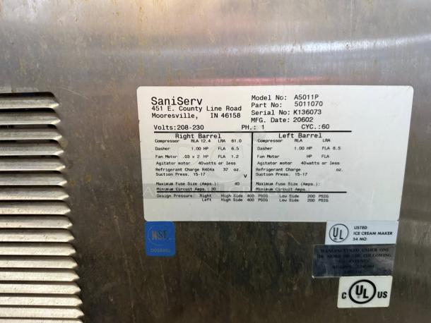 Great Condition - SaniServ 501 WATER Twist 22 Qt. Countertop Water Cooled Soft Serve Ice Cream Machine with 2 Hoppers - 208/230V - Tested & Working - Image 6 of 6