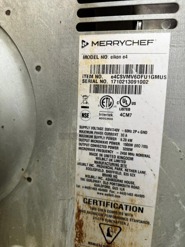 Nice Condition - Merrychef E4 Eikon Microwave Convection Oven, 208/240V, 6200 Watts - Tested & Working - Image 6 of 6